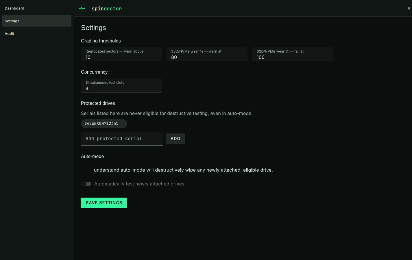 Settings: thresholds, concurrency, protected drives, auto-mode